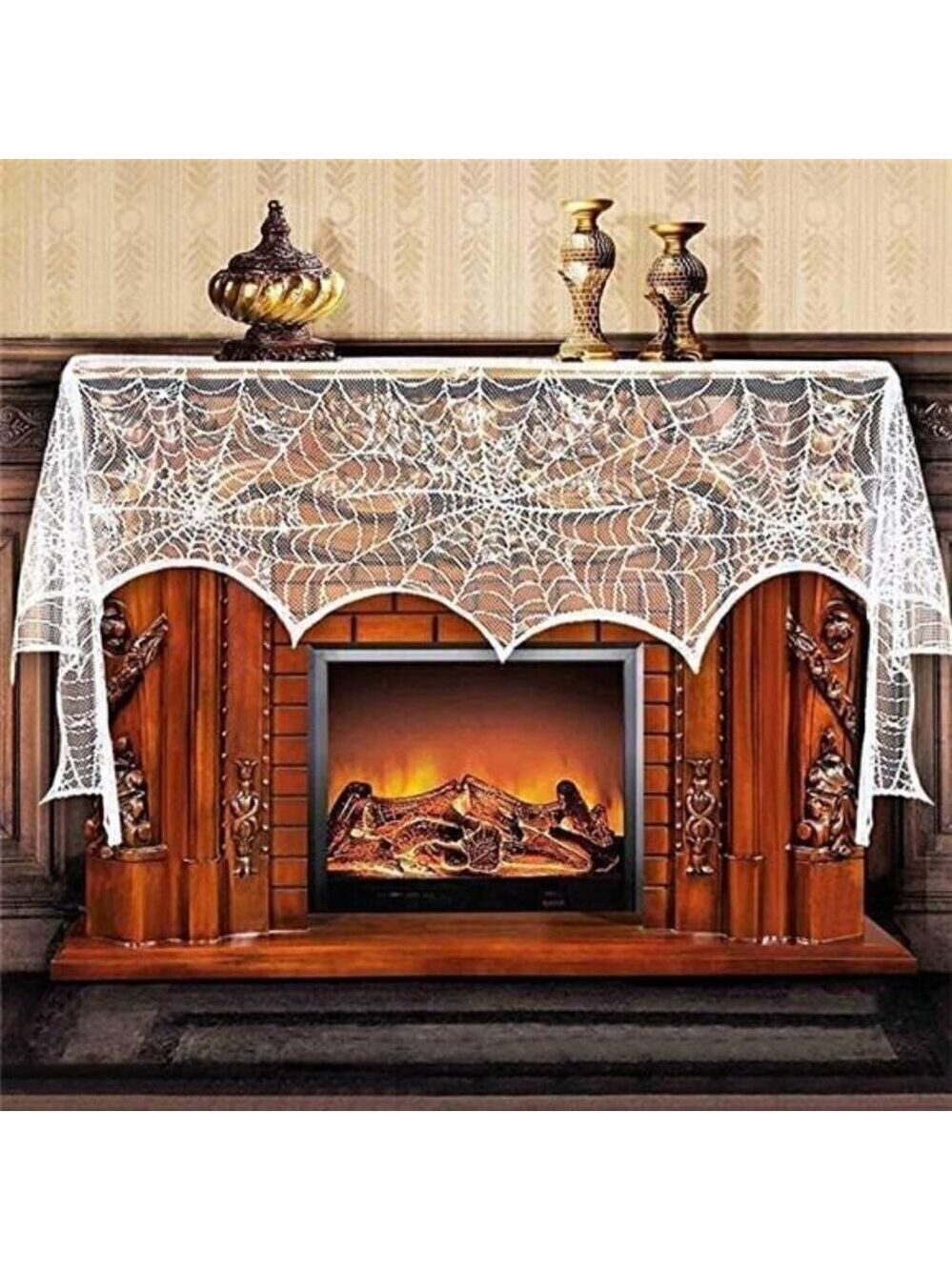Halloween Decorations Indoor Fireplace Mantel Scarf, White Lace Spiderweb Fire